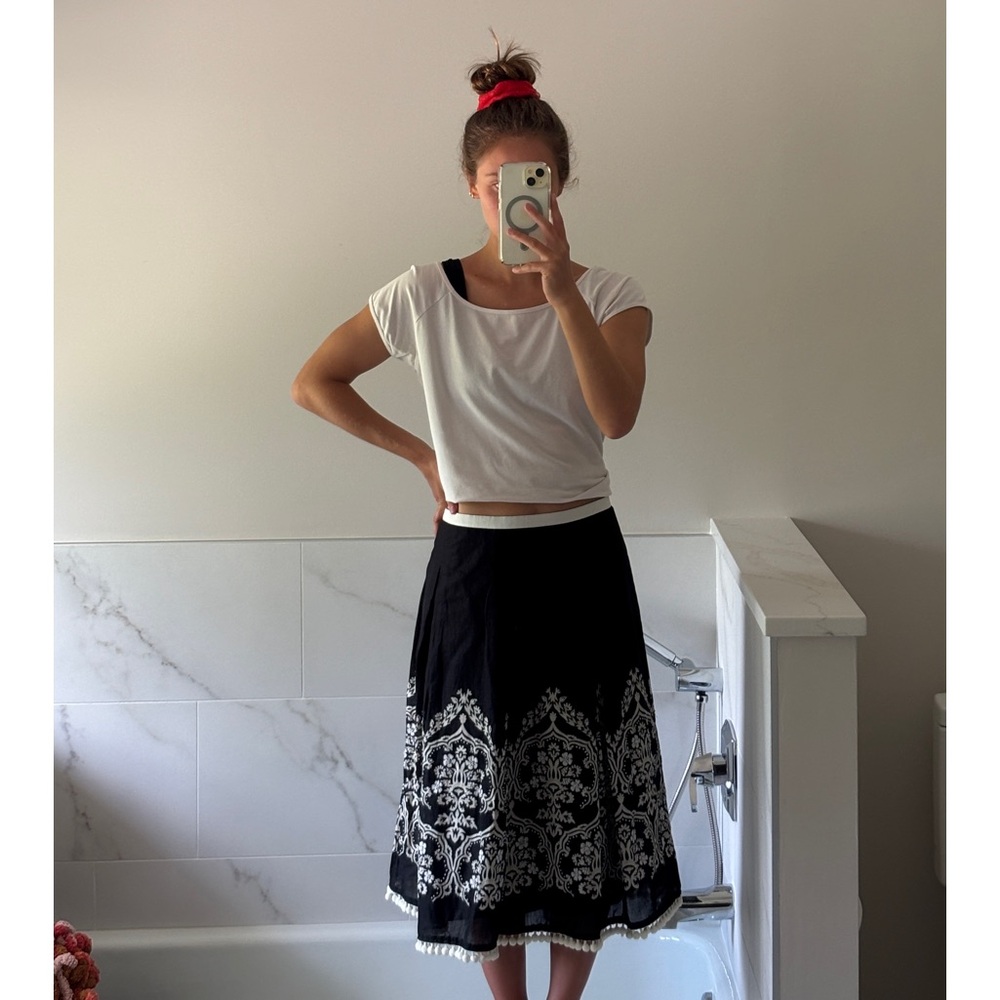 LOFT Black A-line Cotton Pleated Midi Skirt Beaded and PomPom Trim - Picture 3 of 11